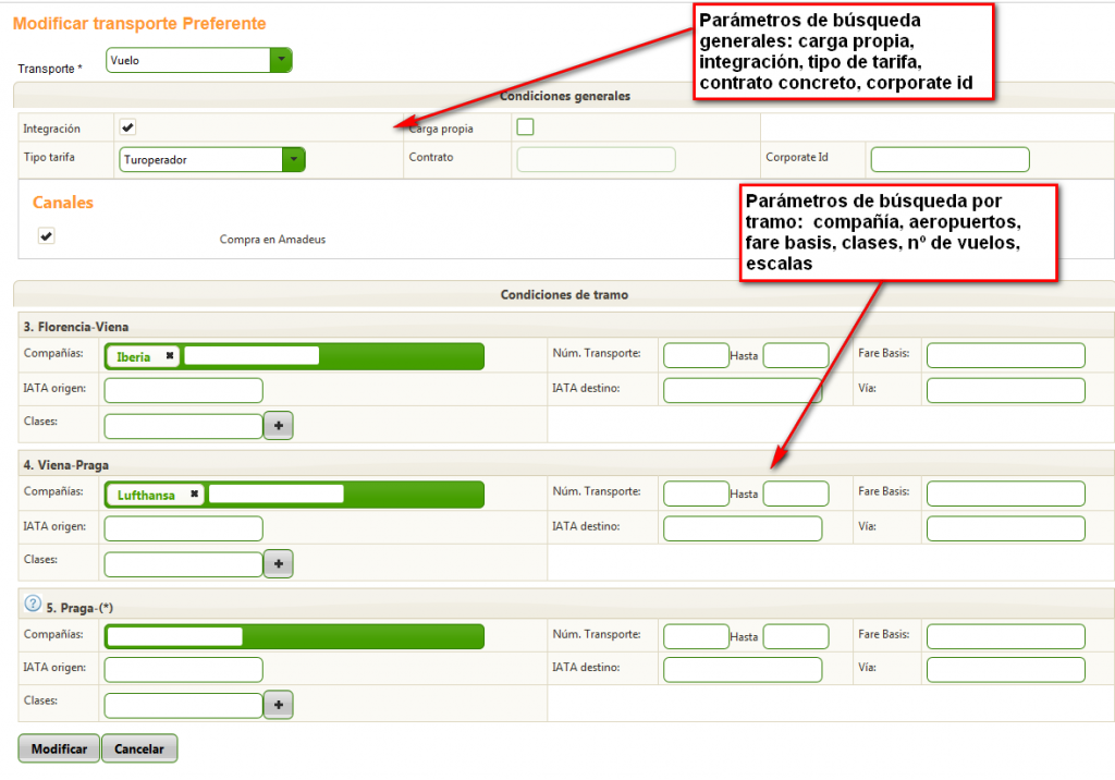 Búsqueda de transportes en Travel One Inventory