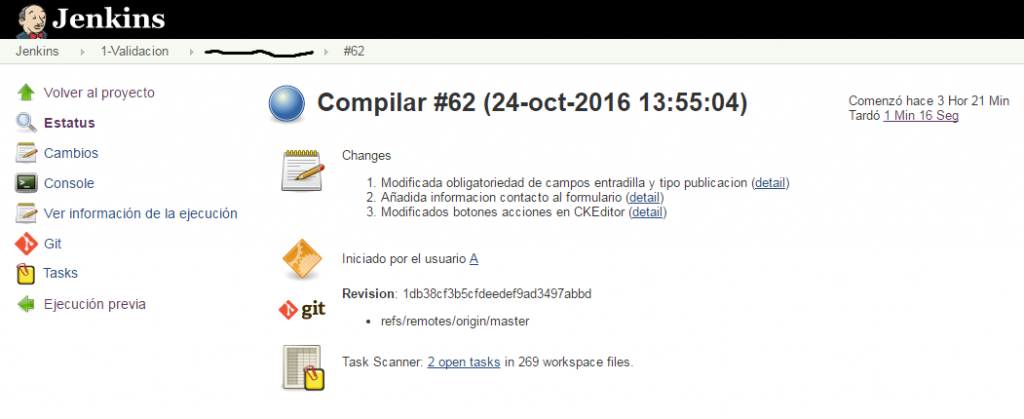Pantalla de ejecución de tarea sobre Jenkins