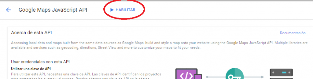 Pantalla de activación de la Google Maps Javascript API