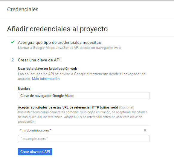 Pantalla final de configuración de Google Javascript API, dónde se puede dar un nombre a nuestra ApiKey y restringir el acceso por dominio.