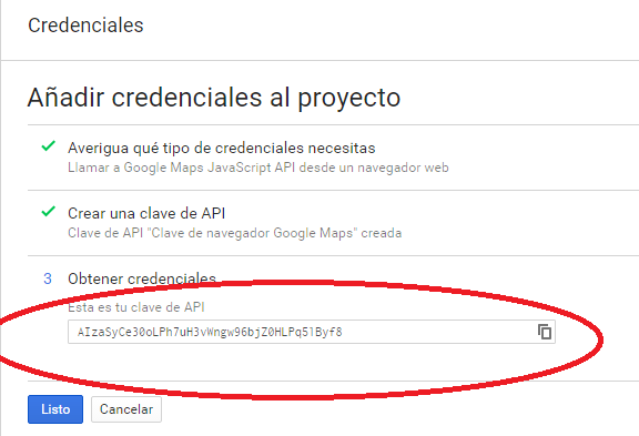 Paso final para la obtención de la ApiKey para Google Maps