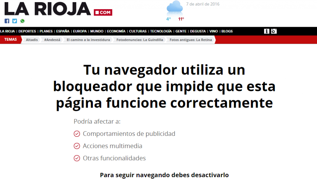 Aviso de periodico por uso de adblock