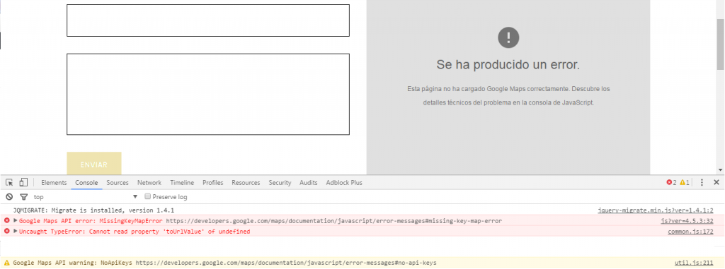 Cuándo no tenemos nuestra APIkey generada, Google Maps nos reporta un error