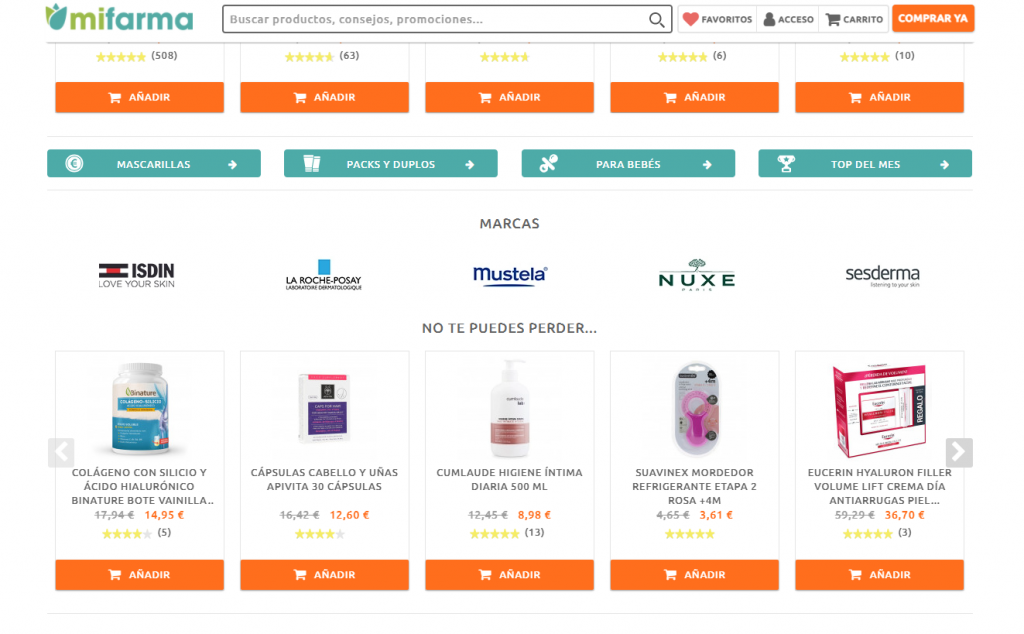 MiFarma incluye un bloque de productos recomendados según las búsquedas realizadas por el cliente en el portal web