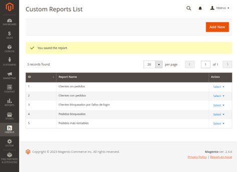 Módulos genéricos de Adobe Commerce. Módulo Custom Reports