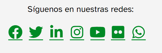 texto alternativo imágenes. Sección web titulada 'Síguenos en redes sociales' que contiene una serie iconos: Facebook, Twitter, Linkedin, Instagram y otras redes sociales