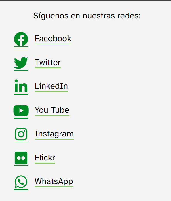 texto alternativo imágenes: La sección de la imagen anterior, pero esta vez cada icono tiene al lado un texto con el nombre de su red social