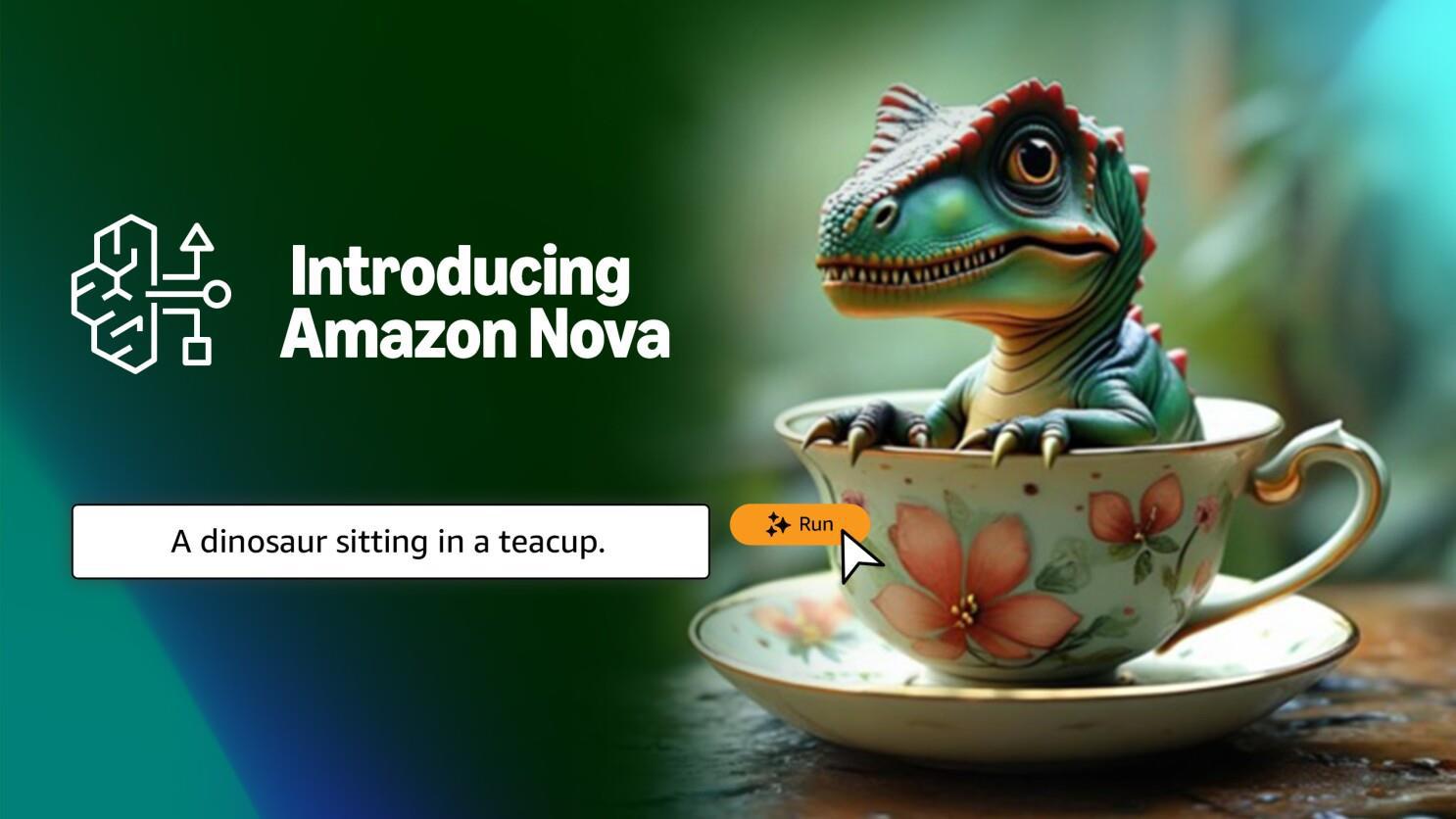 Amazon Nova in action: Generating creative images from text, like this dinosaur in a teacup. (Source: Amazon)